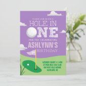 Hole in One Purple Golf Theme Girls First Birthday Invitation (Standing Front)