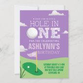 Hole in One Purple Golf Theme Girls First Birthday Invitation (Front)