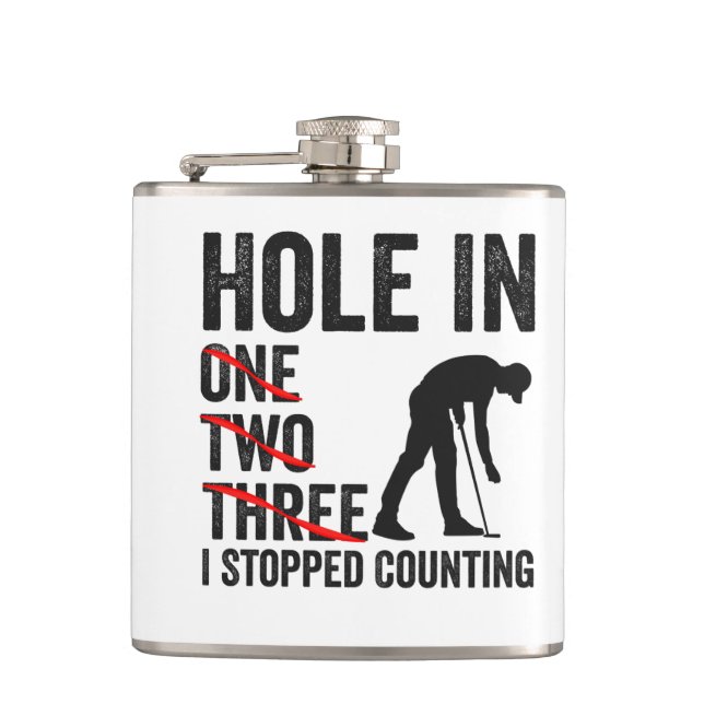 Hole in One two Tree I Stopped Counting Funny Golf Flask (Front)