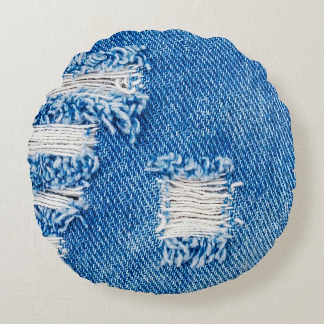 Hole on Denim Jeans. Ripped Destroyed Torn Blue I Round Pillow (Front)