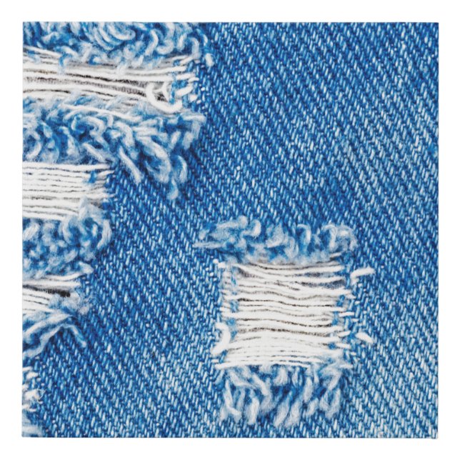 Hole on Denim Jeans. Ripped Destroyed Torn Blue je Faux Canvas Print (Front)