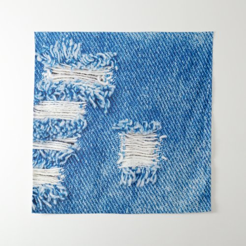 Hole on Denim Jeans Ripped Destroyed Torn Blue je Tapestry