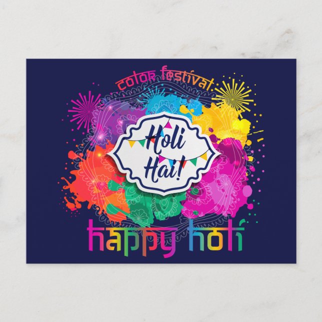 Holi Colorful Paint & Fireworks Postcard (Front)
