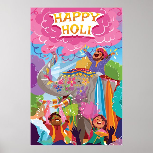 Holi Hai Painted Elephant in Crowd Poster (Front)