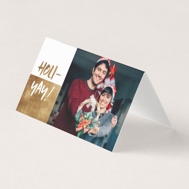 HOLI-YAY! Fun Script Gold Holiday Card (Front)