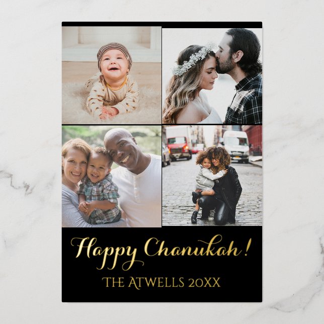 Holiday 4 Photos Happy Chanukah Famiy Black Foil (Front)