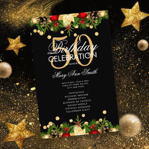 Holiday 50th Birthday Party Program Gold w/ Menu Flyer