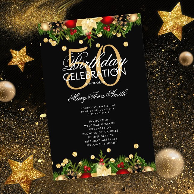 Holiday 50th Birthday Party Program Gold w/ Menu Flyer (Creator Uploaded)