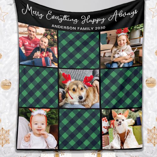Holiday 5 Photo Collage Personalized Green Plaid Fleece Blanket