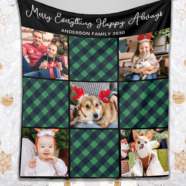 Holiday 5 Photo Collage Personalized Green Plaid Fleece Blanket (Creator Uploaded)