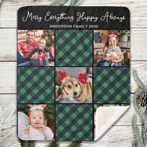 Holiday 5 Photo Collage Personalized Green Plaid  Sherpa Blanket