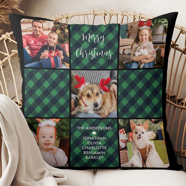 Holiday 5 Photo Collage Personalized Green Plaid Throw Pillow (Creator Uploaded)