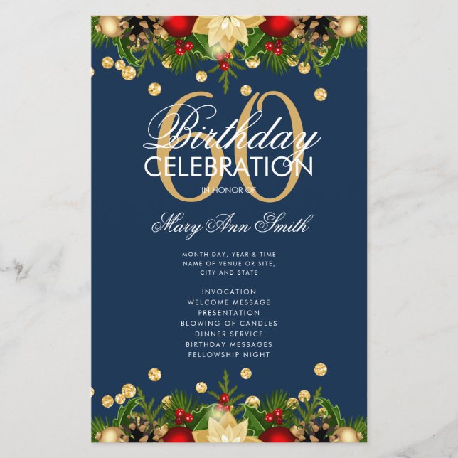Holiday 60th Birthday Party Program Gold Navy Menu (Front)