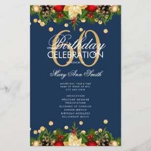 Holiday 60th Birthday Party Program Gold Navy Menu