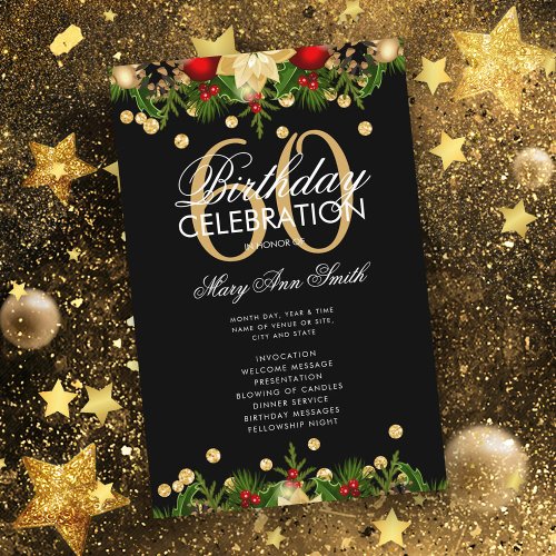 Holiday 60th Birthday Party Program Gold w Menu