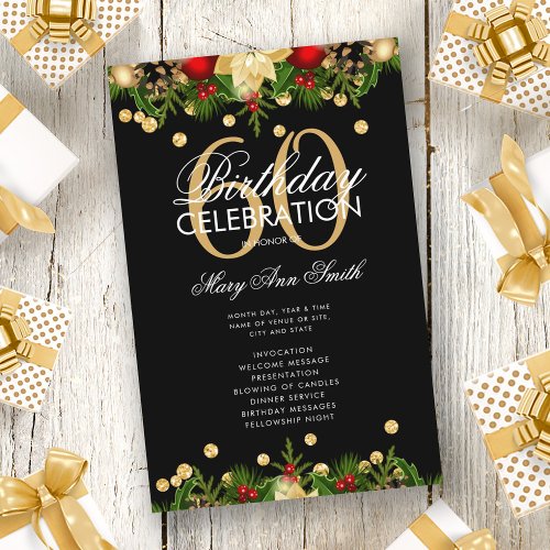 Holiday 60th Birthday Party Program Gold w Menu Flyer