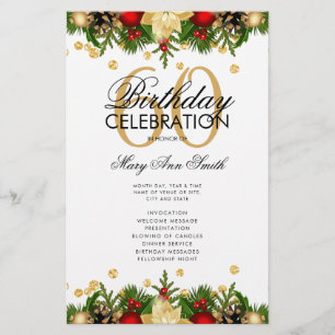 Holiday 60th Birthday Party Program Gold w/ Menu Flyer