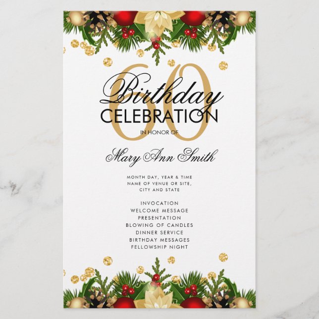 Holiday 60th Birthday Party Program Gold w/ Menu Flyer (Front)