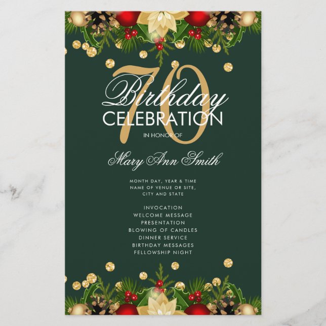 Holiday 70 Birthday Party Program Gold Green Menu Flyer (Front)