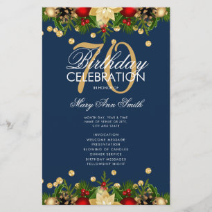 Holiday 70th Birthday Party Program Gold Navy Menu Flyer