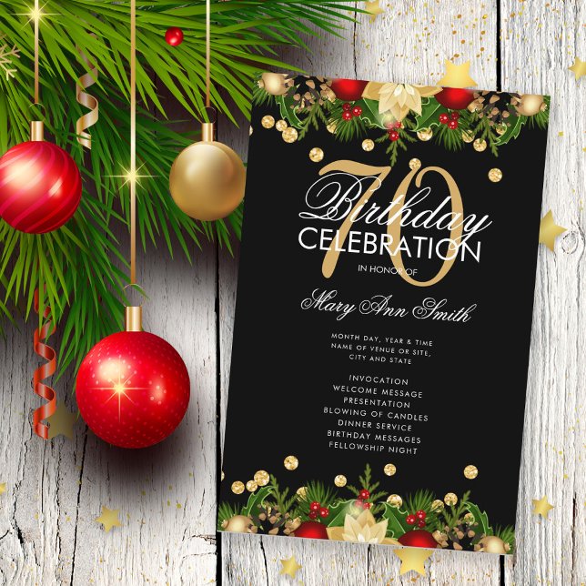 Holiday 70th Birthday Party Program Gold w/ Menu Flyer (Creator Uploaded)