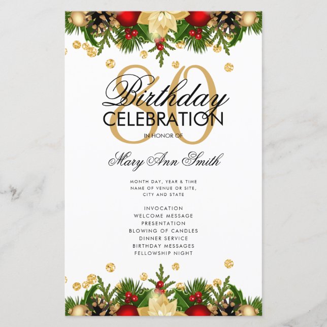 Holiday 80th Birthday Party Program Gold w/ Menu (Front)