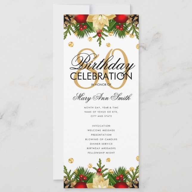 Holiday 80th Birthday Party Program Gold w/ Menu (Front)