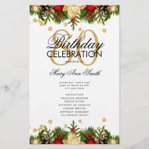 Holiday 80th Birthday Party Program Gold w/ Menu Flyer