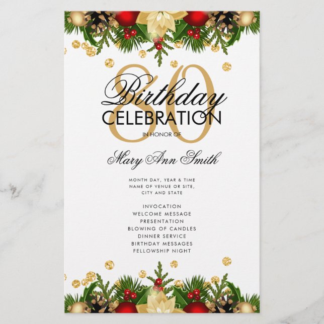 Holiday 80th Birthday Party Program Gold w/ Menu Flyer (Front)