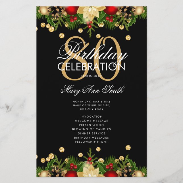 Holiday 80th Birthday Party Program Gold w/ Menu Flyer (Front)
