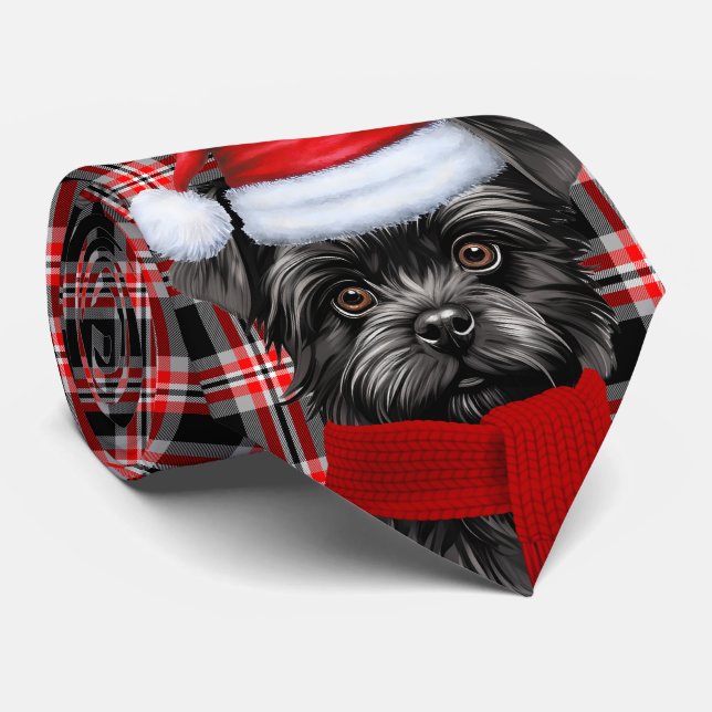 Holiday Affenpinscher Dog Red Plaid Christmas Neck Tie (Rolled)