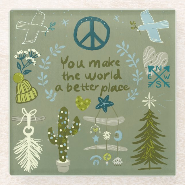 Holiday Affirmation Peace love Beach hostess gift Glass Coaster (Front)