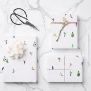 Holiday Alpine Skiers Skiing Illustration  Wrapping Paper Sheets