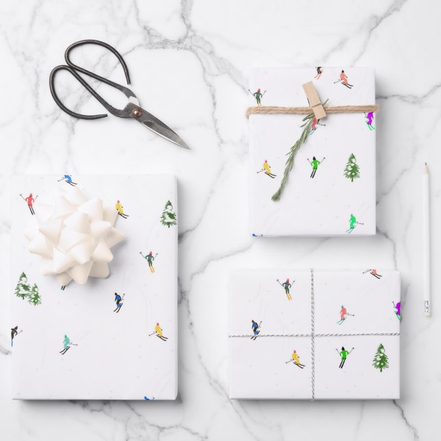 Holiday Alpine Skiers Skiing Illustration  Wrapping Paper Sheets (Front)