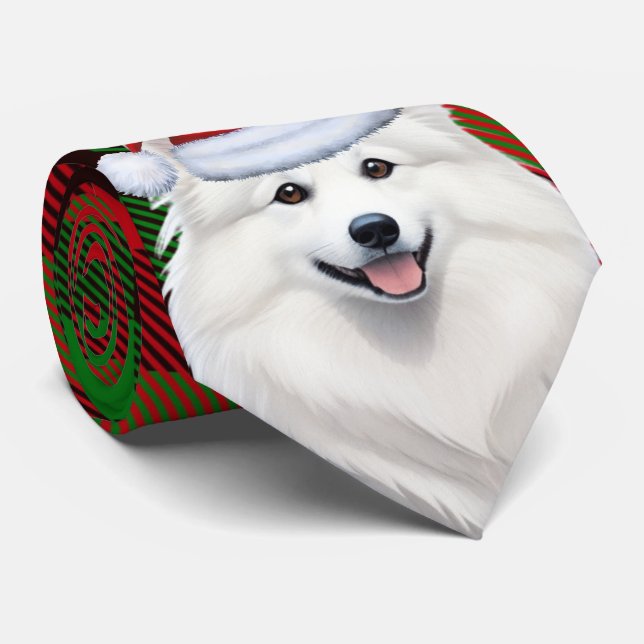 Holiday American Eskimo Dog Plaid Christmas Neck Tie (Rolled)