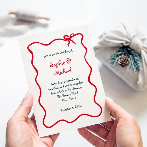 Holiday Amour  Illustrated French Bow Wedding Invitation