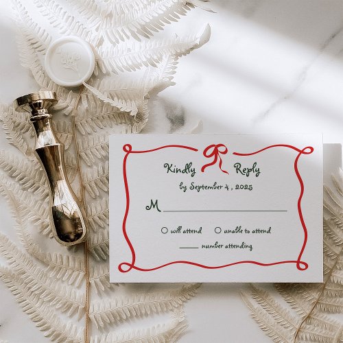 Holiday Amour  Illustrated French Bow Wedding RSVP Card