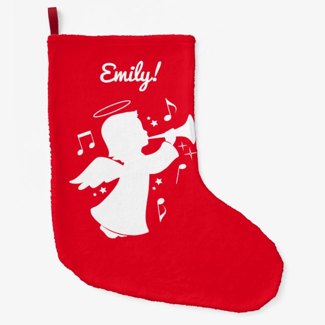 Holiday Angel Blowing Trumpet Name Customizable Large Christmas Stocking (Front)
