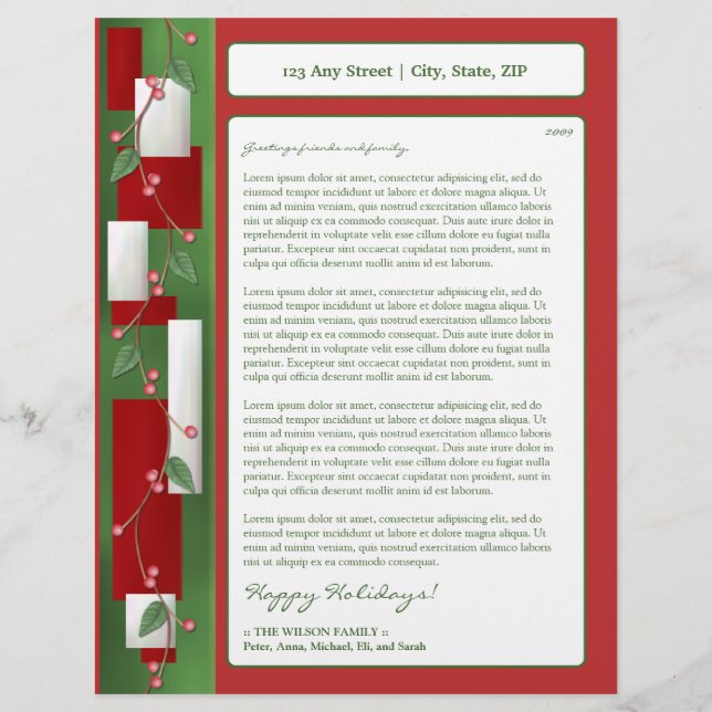 Holiday Annual Newsletter Letterhead: holly berry Letterhead (Front)