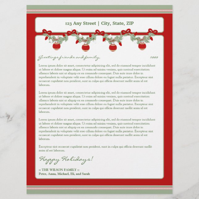 Holiday Annual Newsletter Letterhead: ornaments_2 Letterhead (Front)