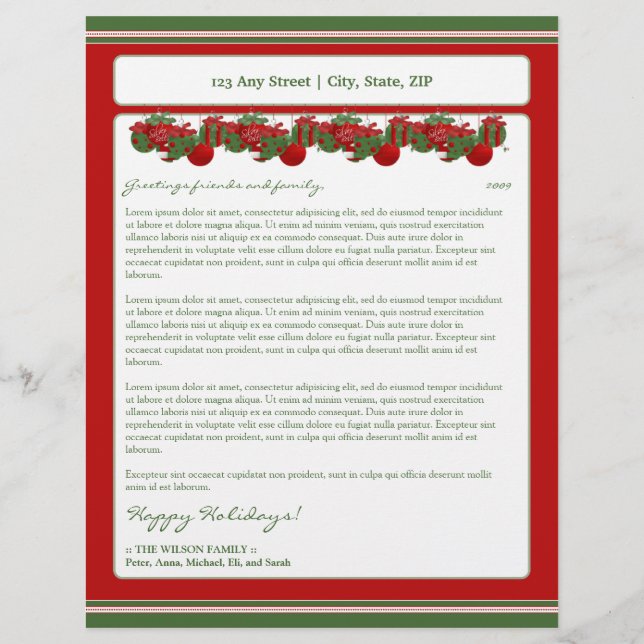 Holiday Annual Newsletter Letterhead: ornaments Letterhead (Front)
