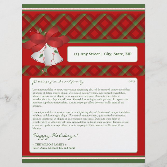 Holiday Annual Newsletter Letterhead: plaid bells Letterhead (Front)