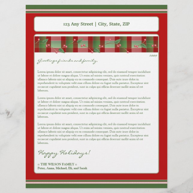 Holiday Annual Newsletter Letterhead: plaid holly Letterhead (Front)