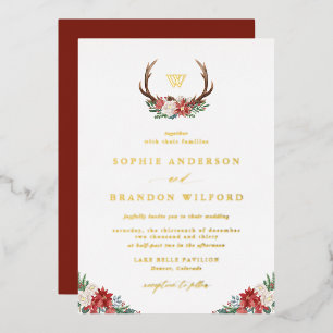 Holiday Antler Wreath Monogram Winter Wedding Foil Invitation