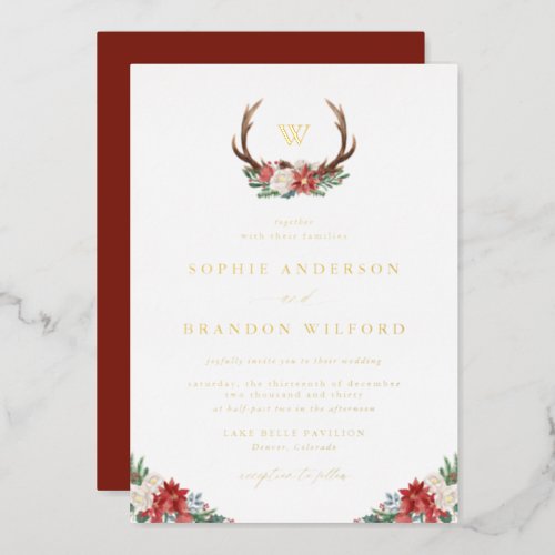 Holiday Antler Wreath Monogram Winter Wedding Foil Invitation