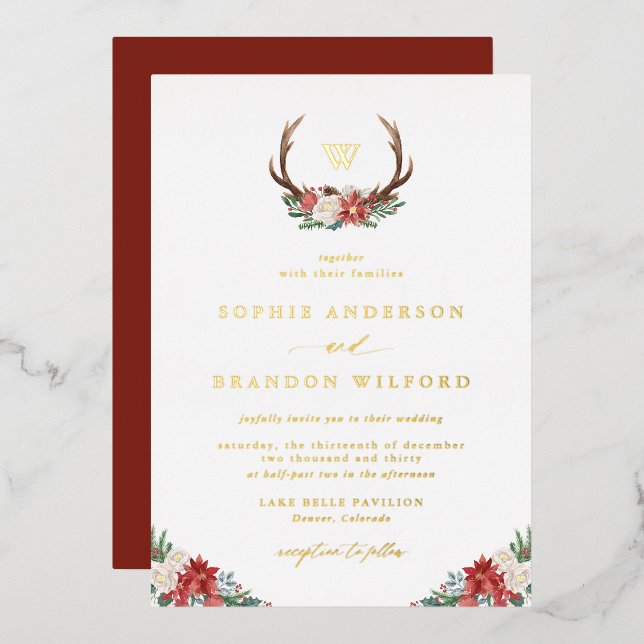 Holiday Antler Wreath Monogram Winter Wedding Foil Invitation (Front/Back)