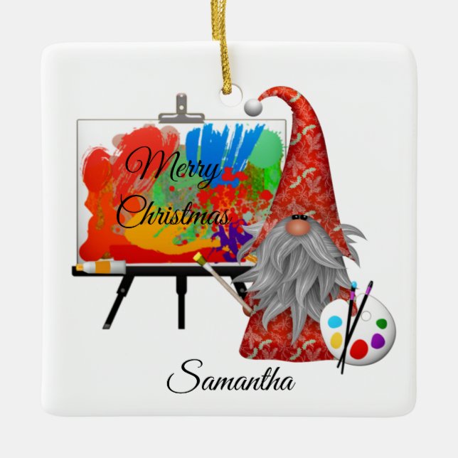 Holiday Artist Gnome Personalized Ceramic Ornament (Front)