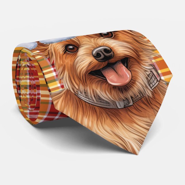 Holiday Australian Terrier Dog Plaid Christmas Neck Tie (Rolled)