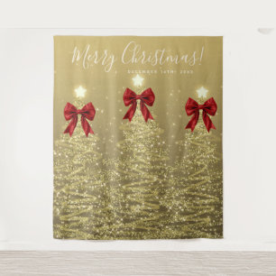 Holiday Backdrop Gold Christmas Trees w/ Red Bows