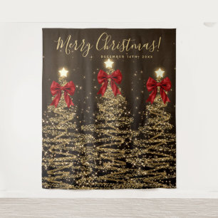 Holiday Backdrop Gold Christmas Trees w/ Red Bows
